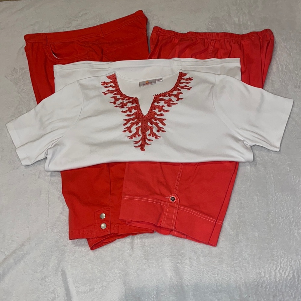 1 Quaker factory large white short sleeve beaded shirt, 2 red capris size 14